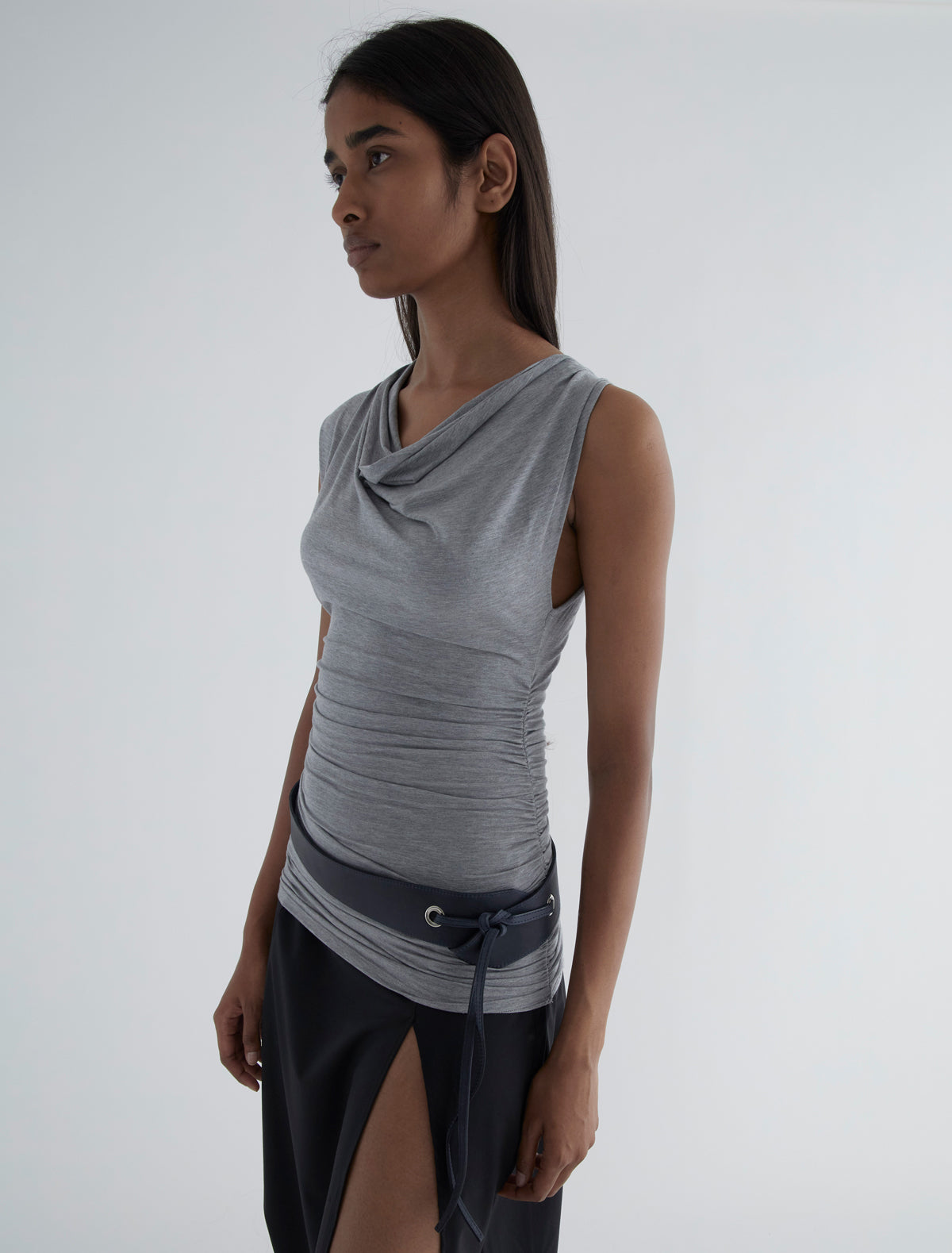 Trot unreinforced belt long leather straps eyelets navy