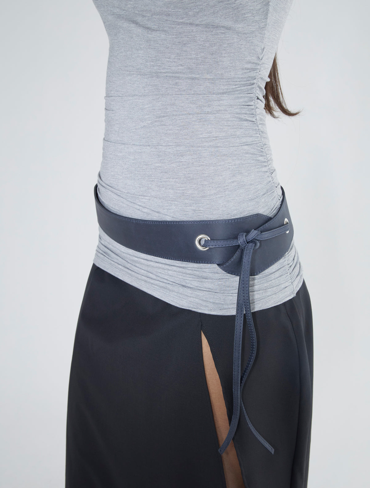 Trot unreinforced belt long leather straps eyelets navy