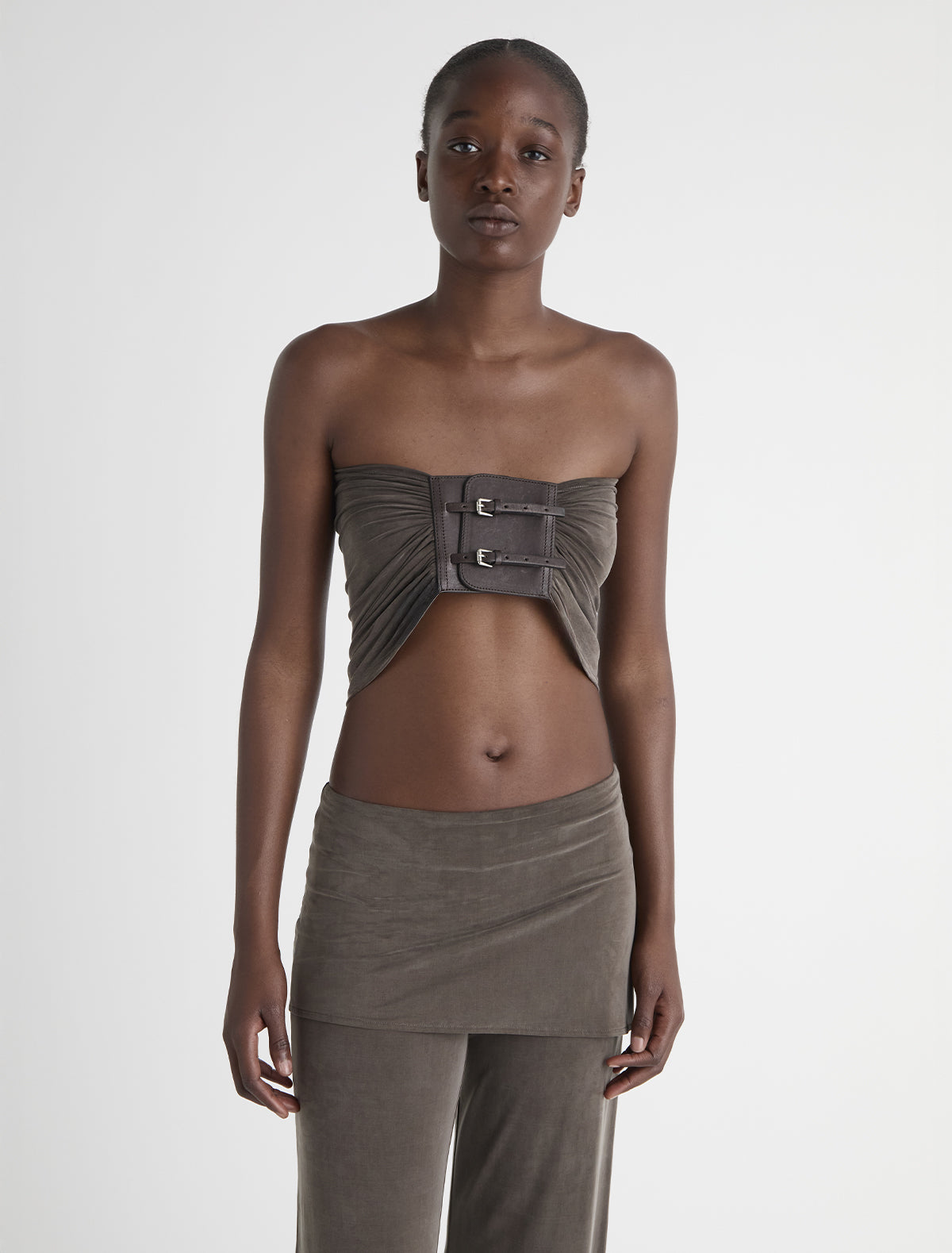 Adriana ii sash style belt gathered fabric panel leather part brown 2