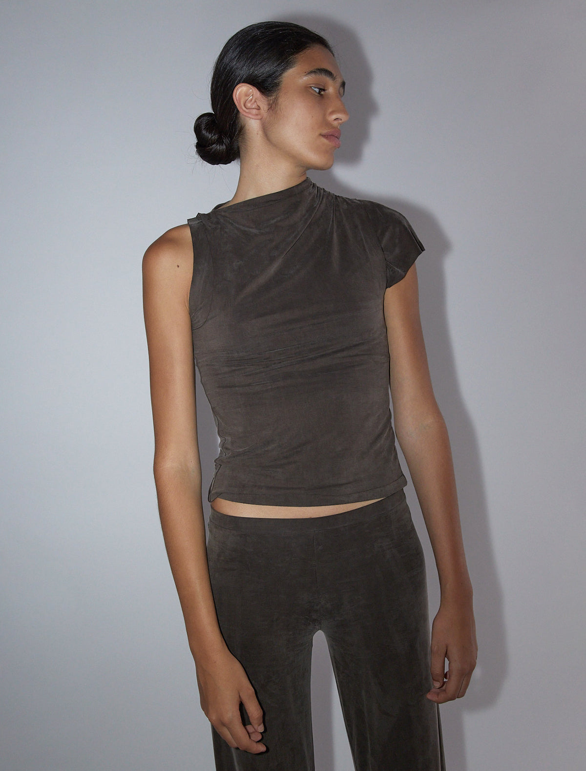 ELVIRA- Brown asymmetric sleeve, soft-neck cupro top