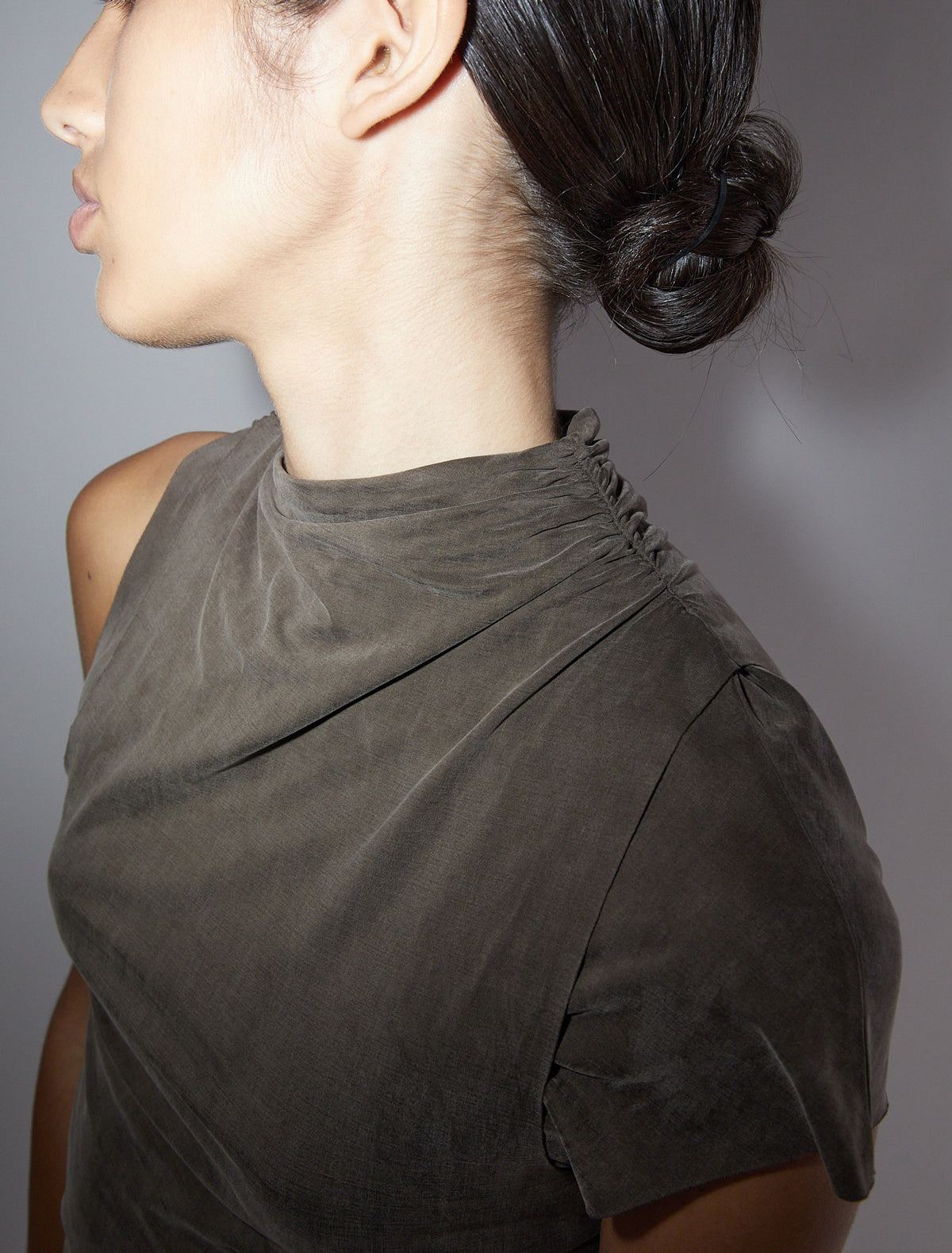 ELVIRA- Brown asymmetric sleeve, soft-neck cupro top