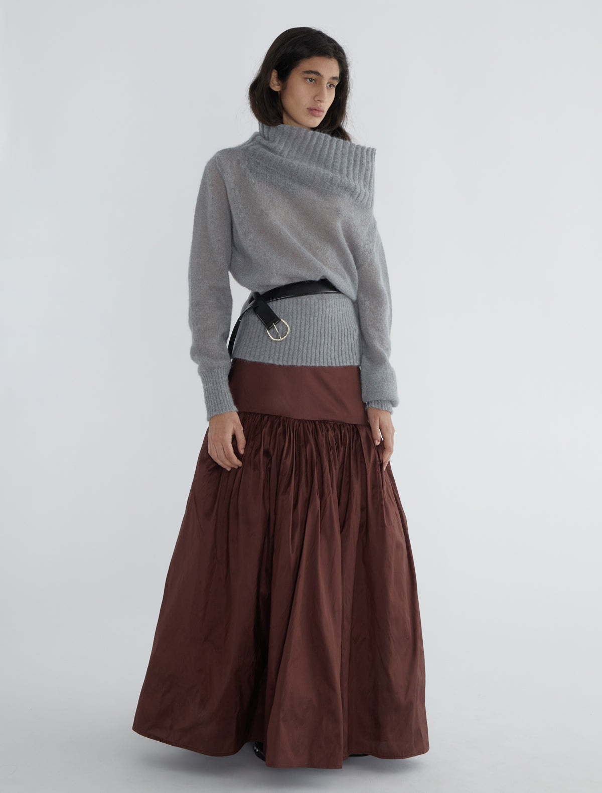 SOFRE-Light grey high-neck ribbed sweater with an open neckline