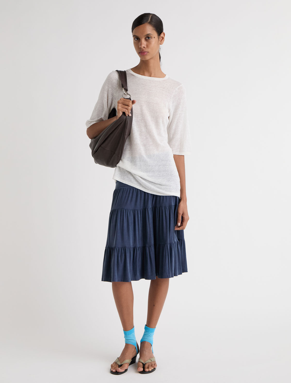 Barel cupro skirt tiered ruffle detailing throughout navy