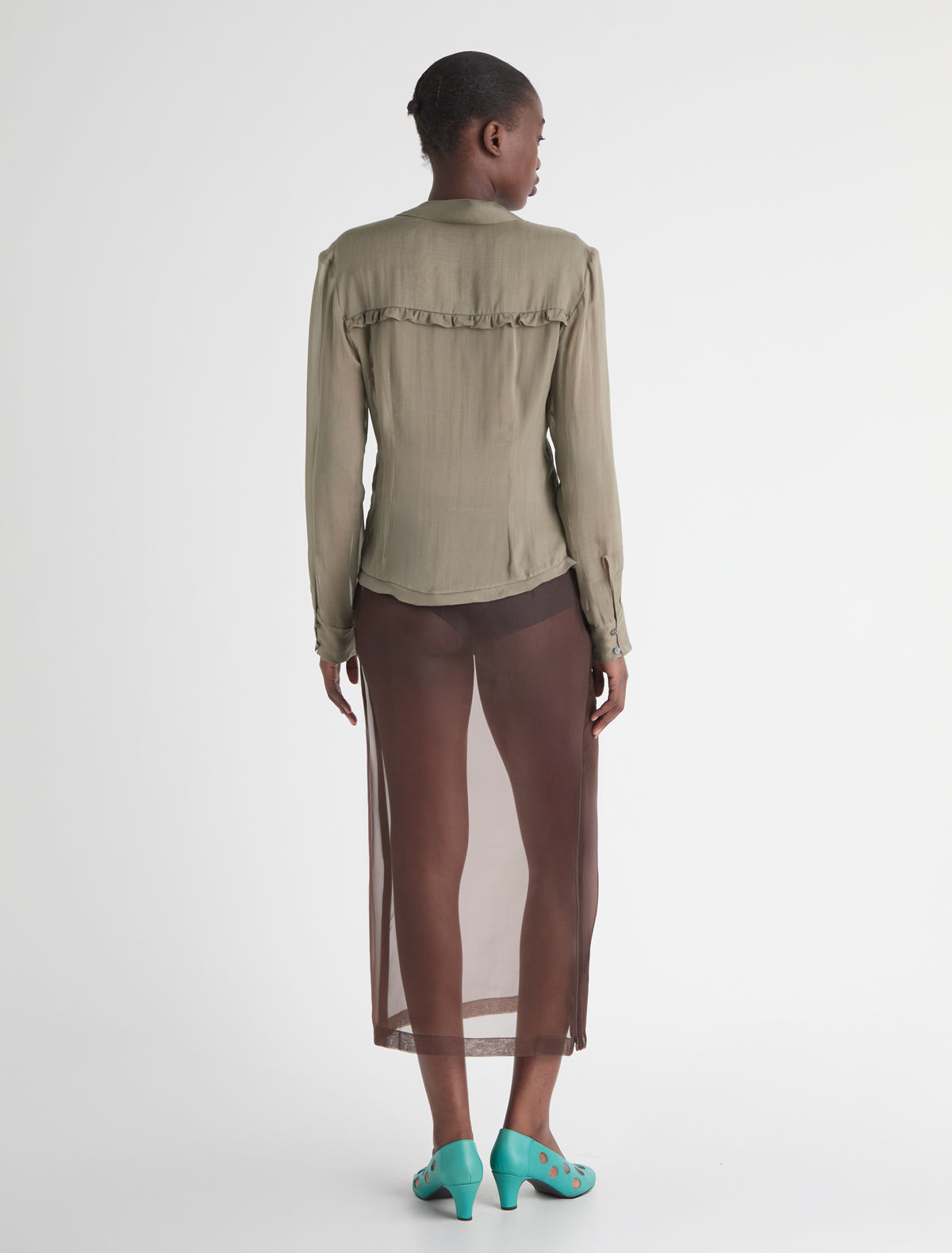 LONG ISOLA-Brown organza skirt with double-ended side zippers