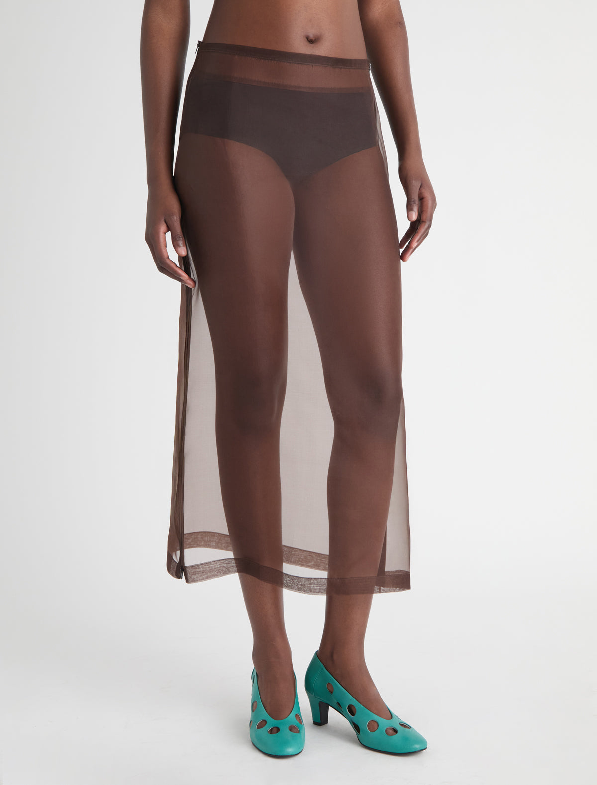 Long isola brown organza skirt double ended side zippers