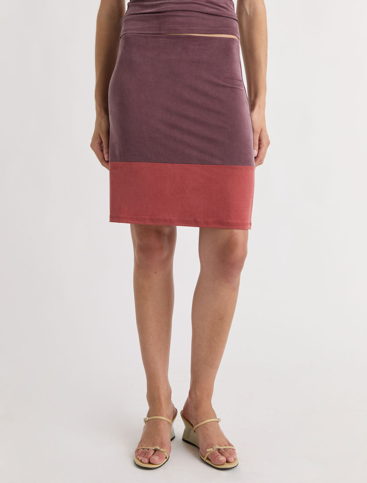 Mika cupro pencil skirt contrasting panel bottom aubergine