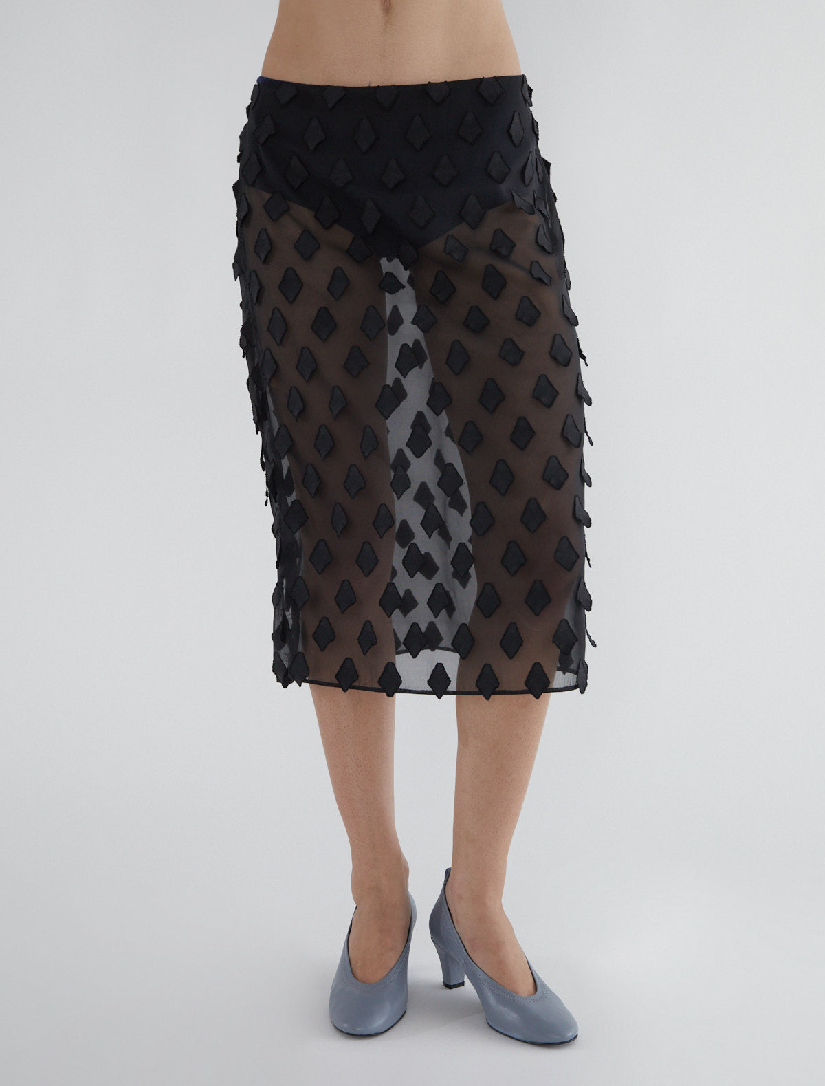 Tris sheer midi skirt petal shaped tabs detail black