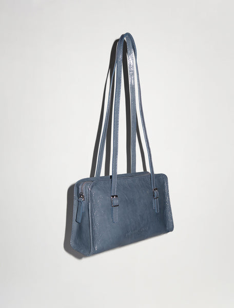 CAYETANO- Greyish blue shiny leather bag with engraved logo by 