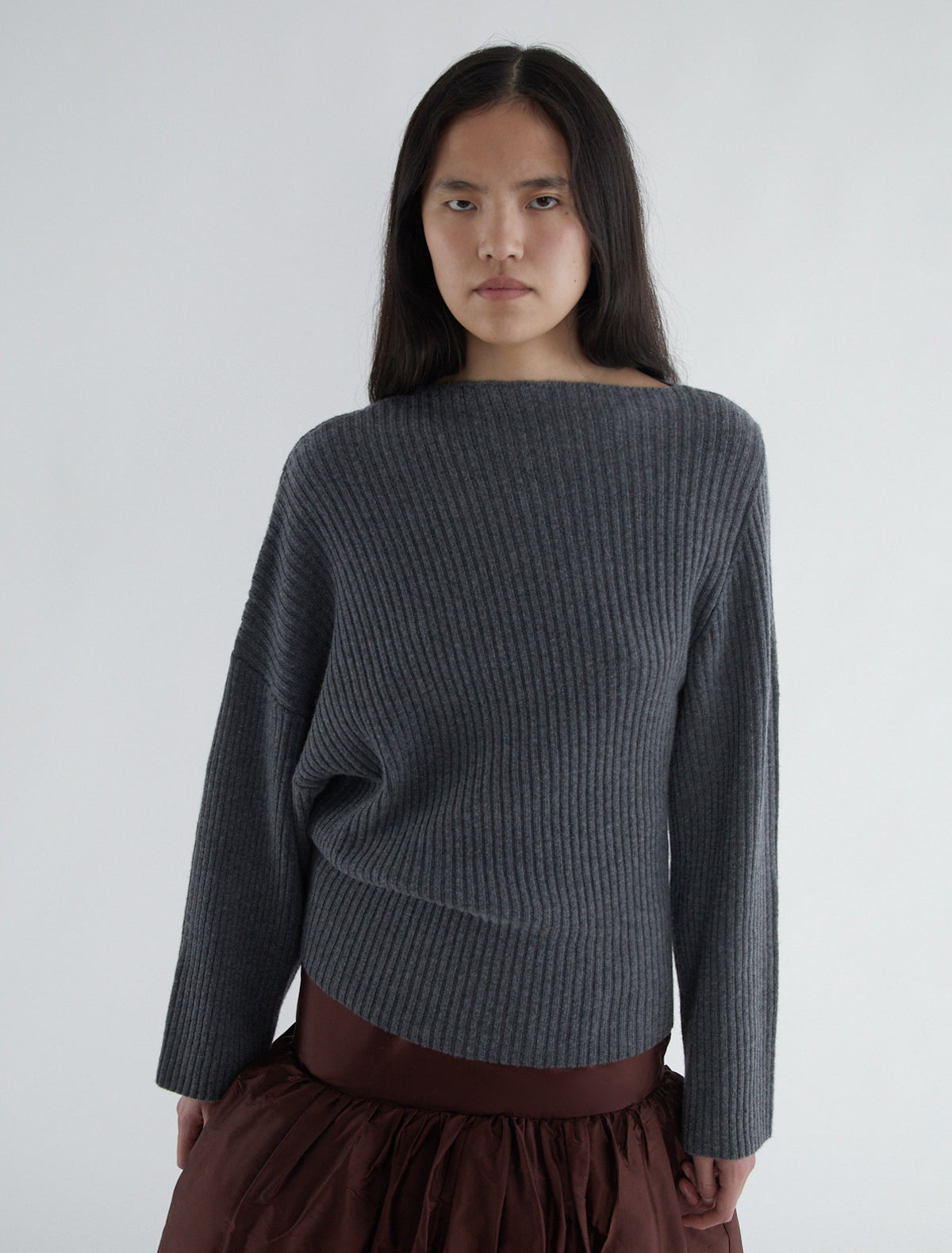Fiona ribbed knit sweater asymmetric shoulders grey