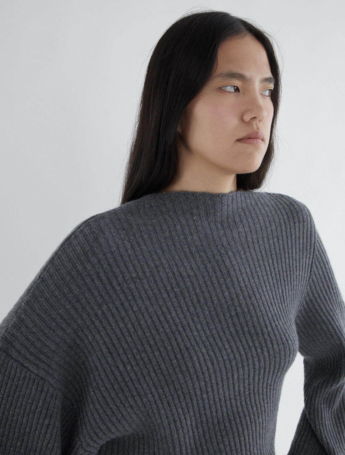 Fiona ribbed knit sweater asymmetric shoulders grey