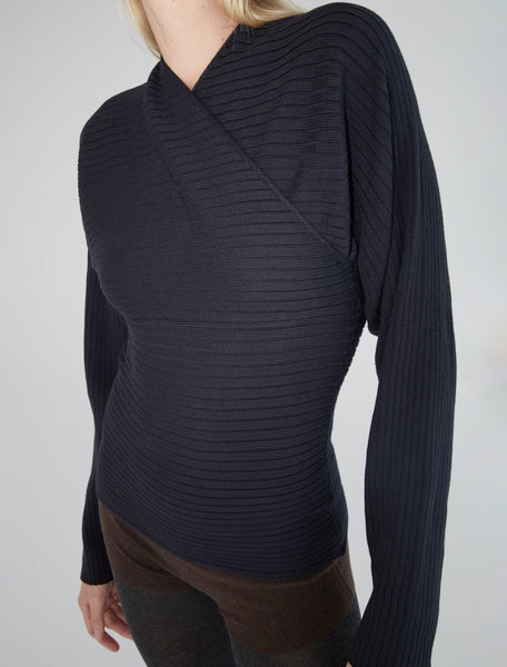POLENTA-Dark grey sweater with a crossover neckline at the chest