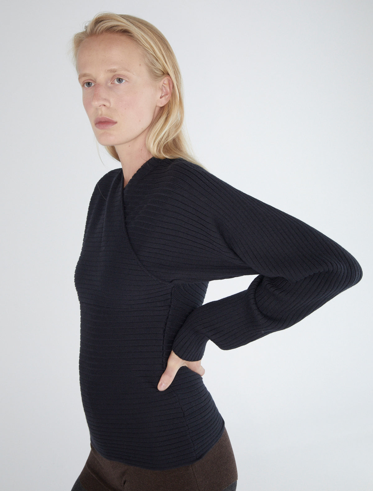 POLENTA-Dark grey sweater with a crossover neckline at the chest