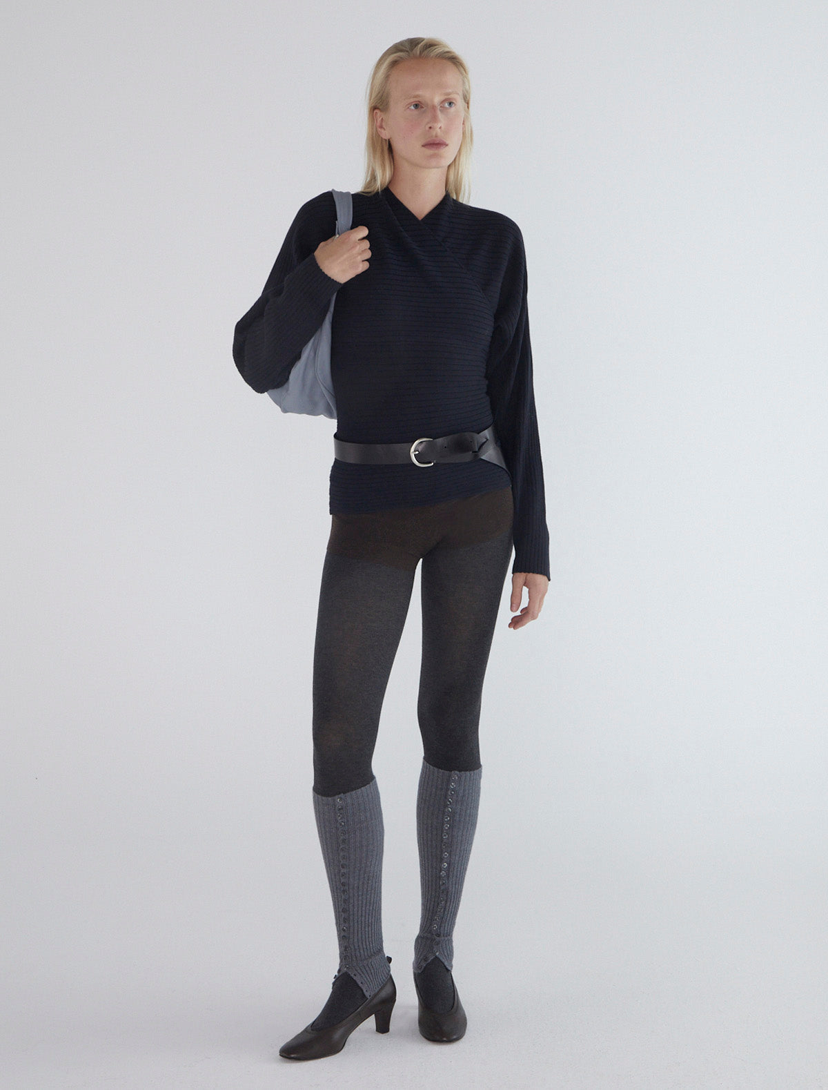 POLENTA-Dark grey sweater with a crossover neckline at the chest