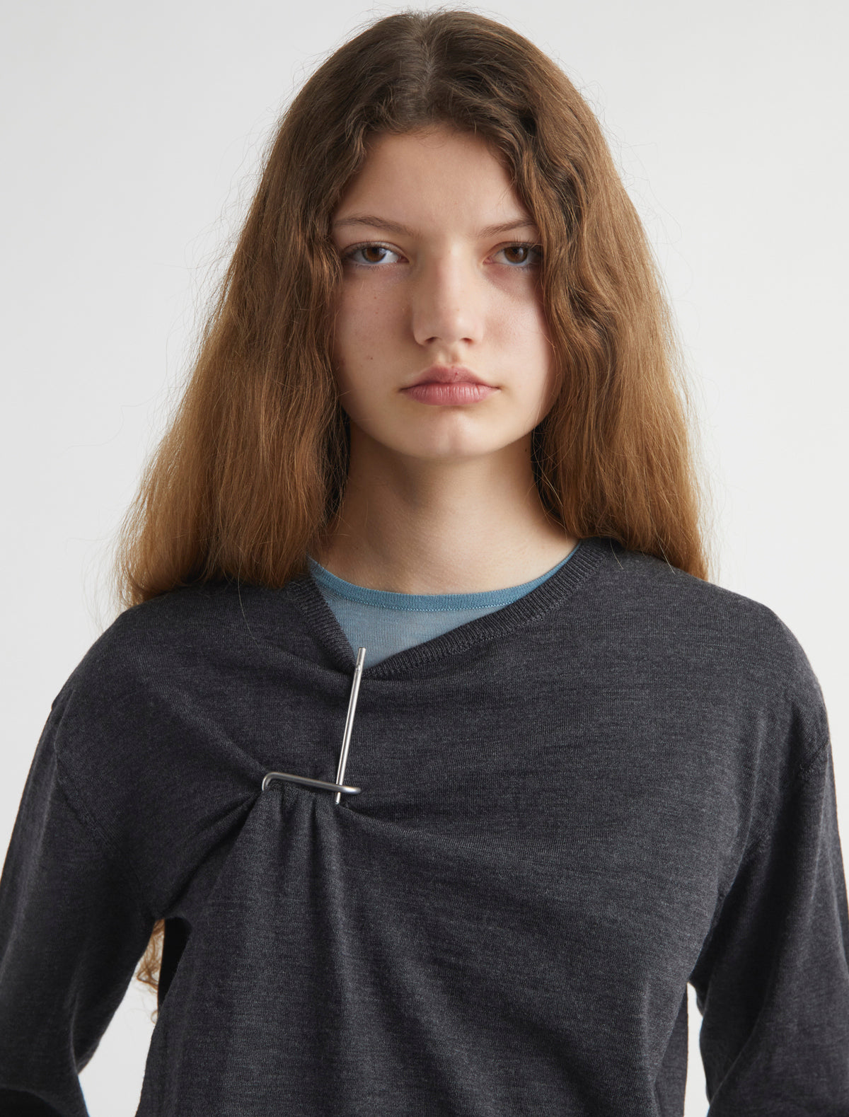 Three round neck wool sweater metal hook hardware grace prince