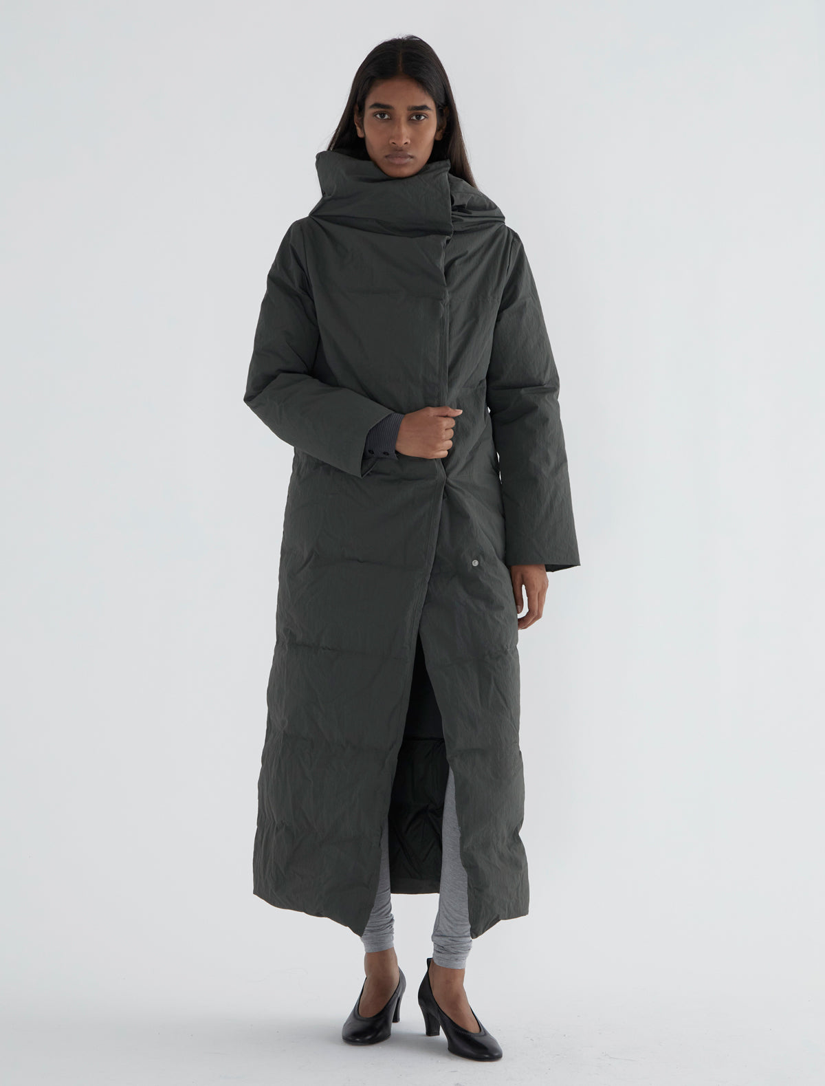 Long pruit puffer nylon oversized collar green