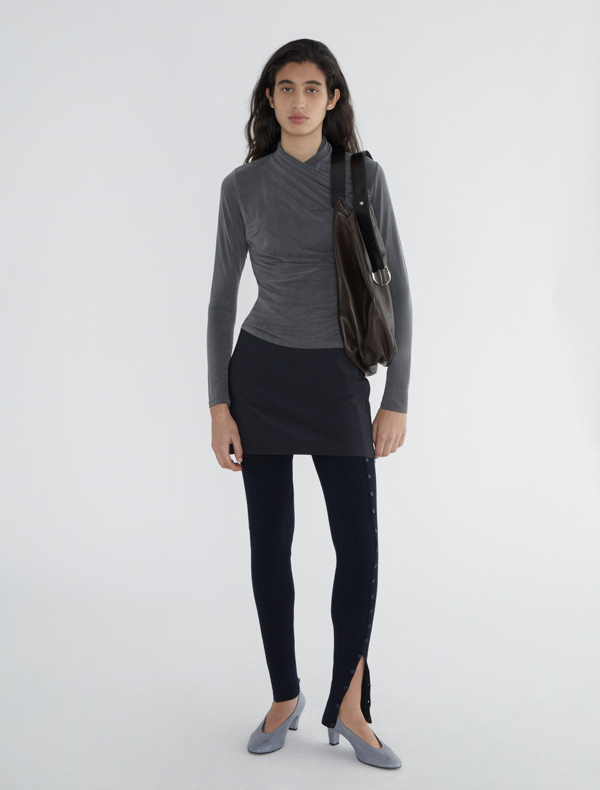 Long such long sleeved cupro top draped crossed neckline grey