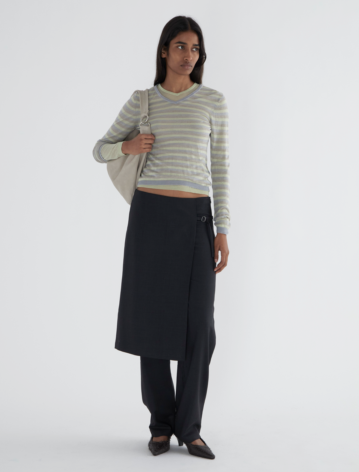Low archive straight leg mid rise pants overlapiping fixed skirt grey