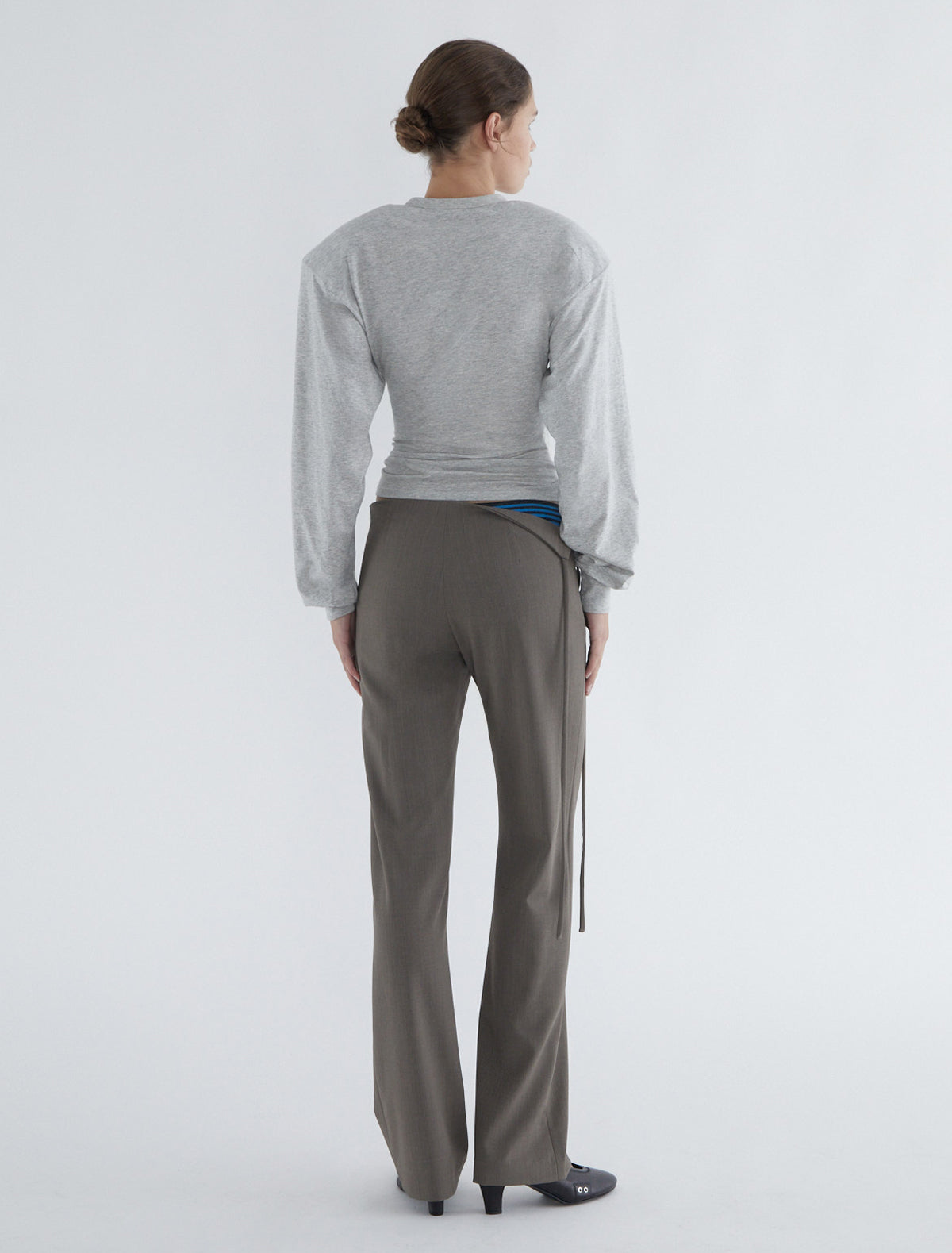 SANDAL-Light brown low-waist pants with a folded piece in the