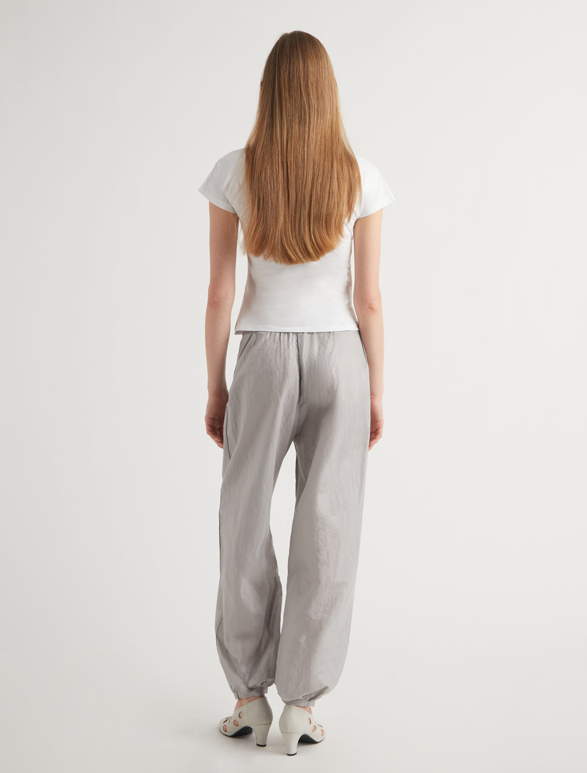 BOZA-Grey balloon-style pants made from fine cotton with a shiny
