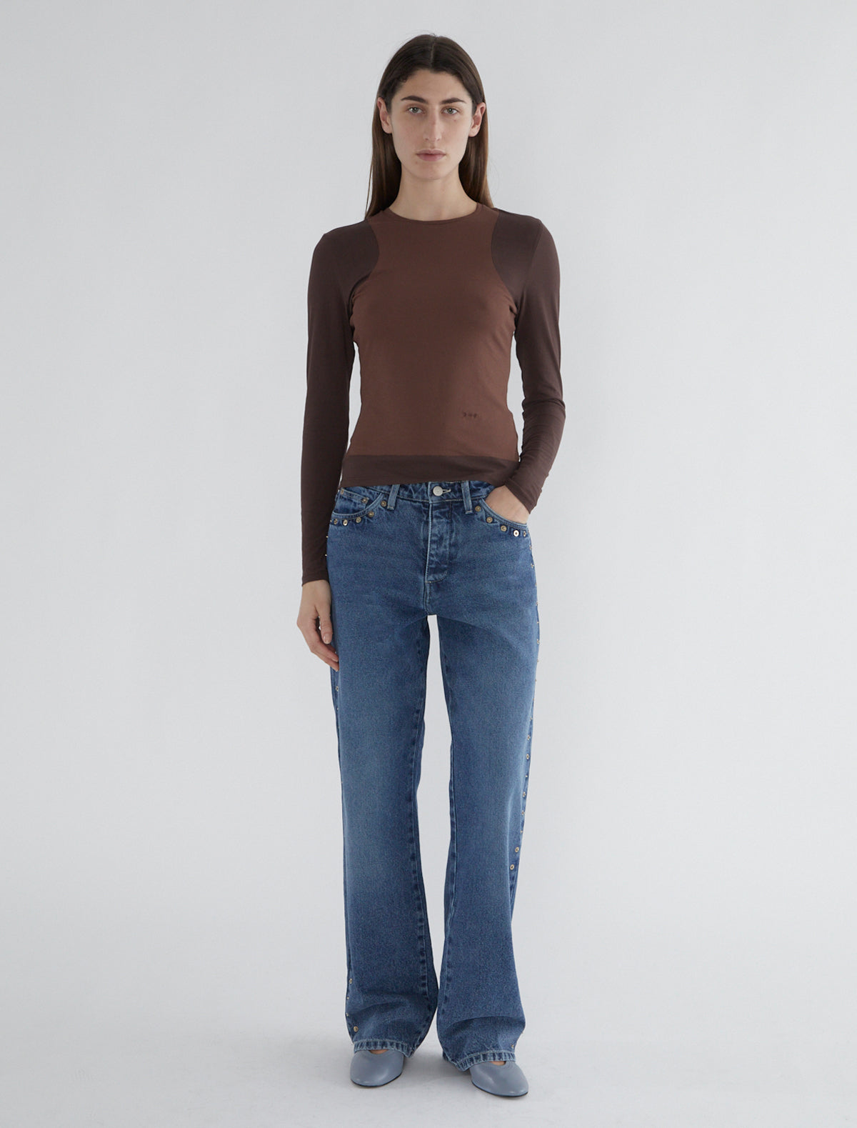 paloma wool デニム グリーン CROWD-Low-waisted denim pants with side metal detail down the
