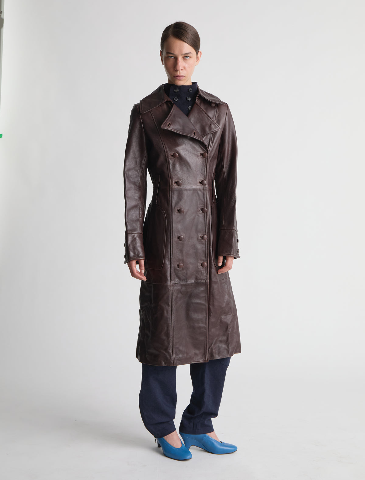Estruck fitted long leather jacket double breasted closure wine