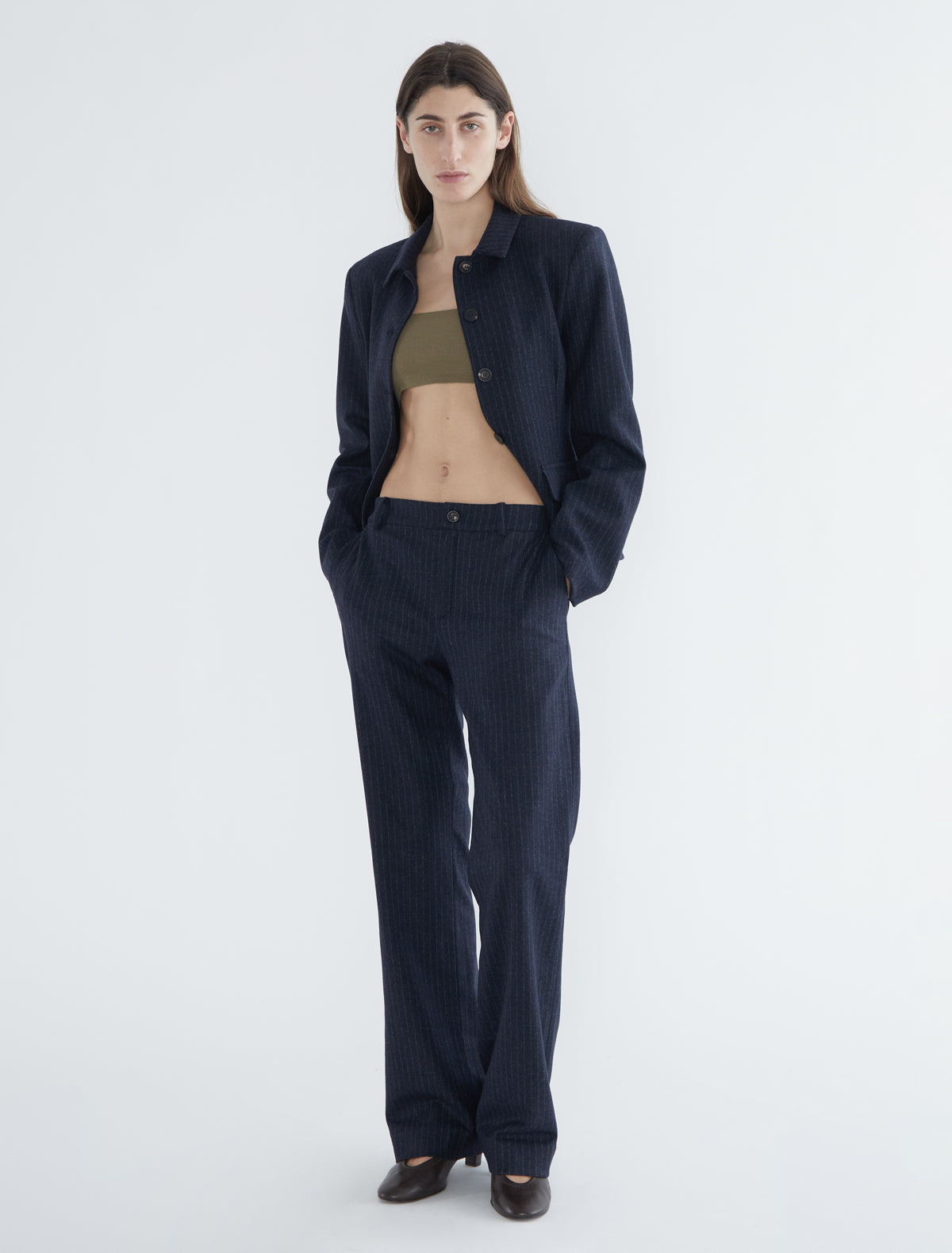 Hina straight leg classic wool pants navy