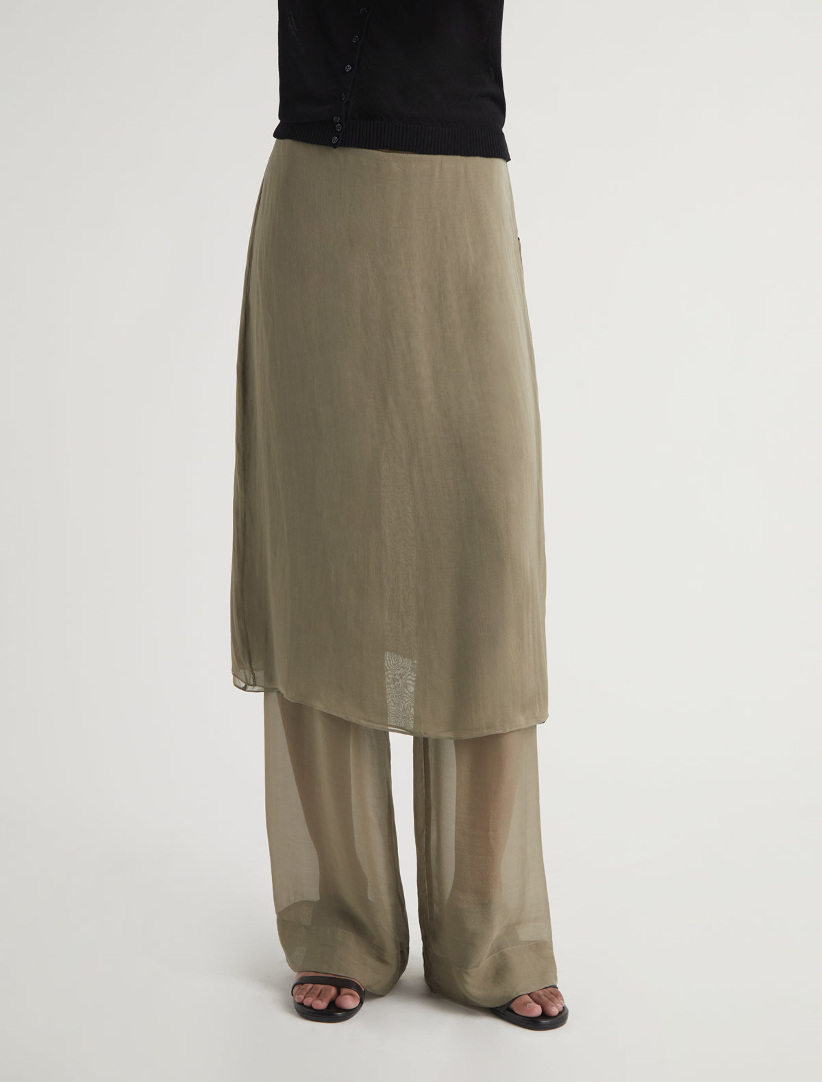 Silk low archive silk straight leg pants overlaping fixed skirt khaki