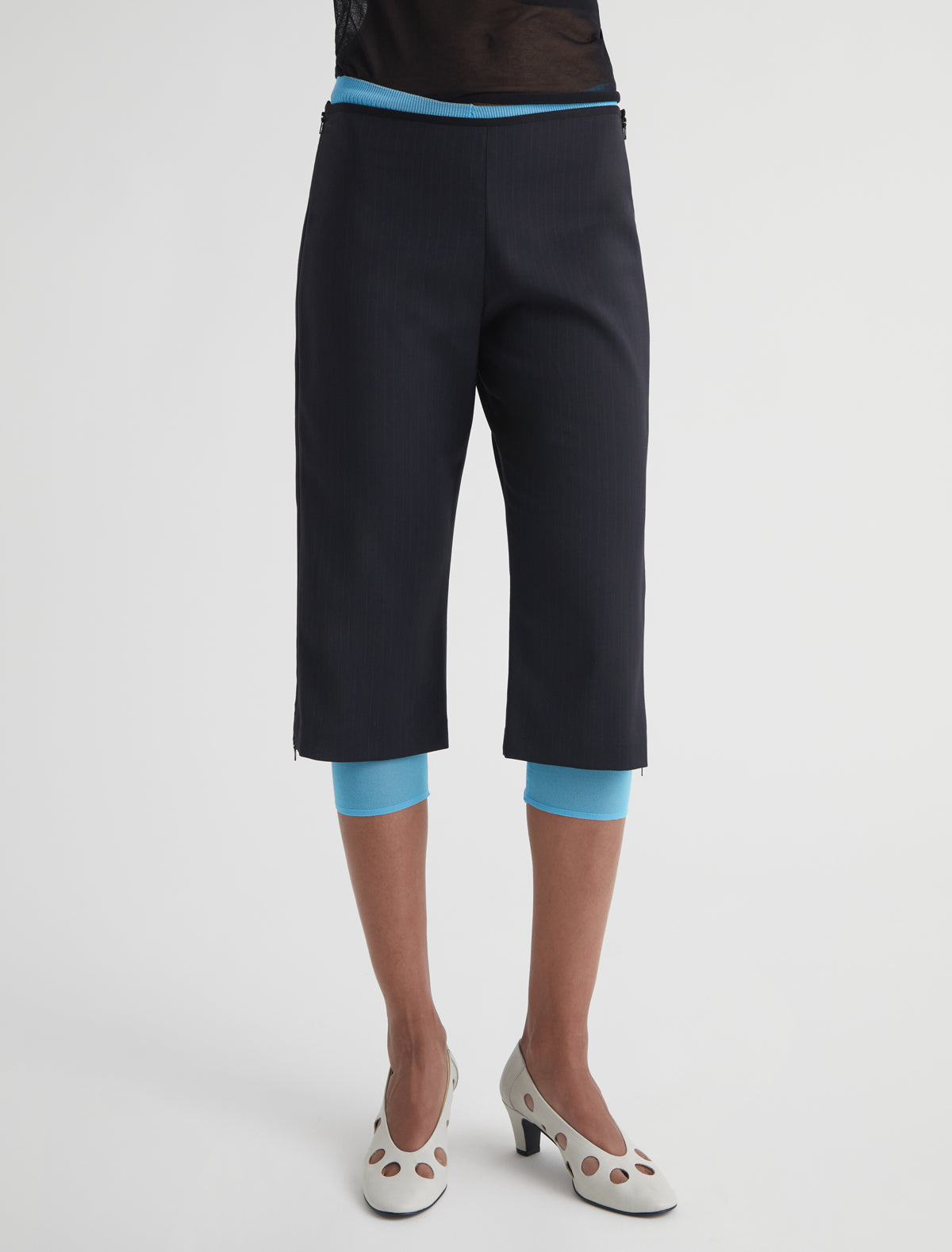 LUMIETI-Pinstripe capri pants with side zippers that open from top