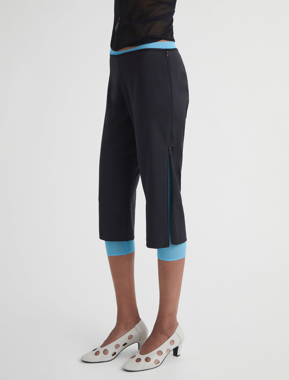 LUMIETI-Pinstripe capri pants with side zippers that open from top