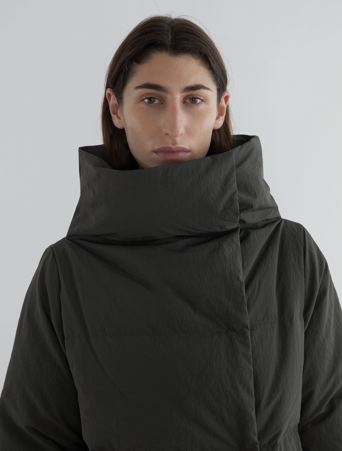 Long pruit puffer nylon oversized collar green