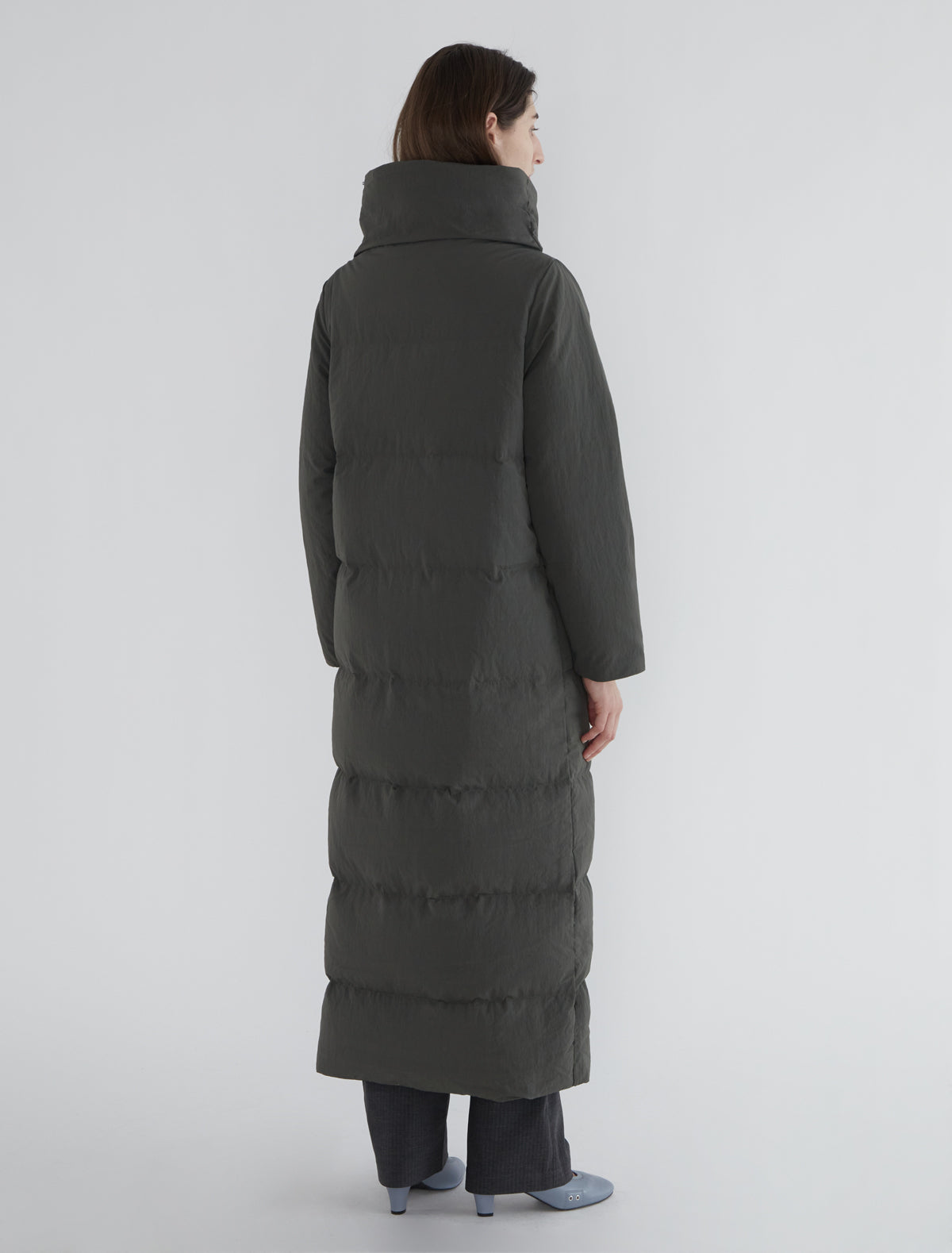 Long pruit puffer nylon oversized collar green