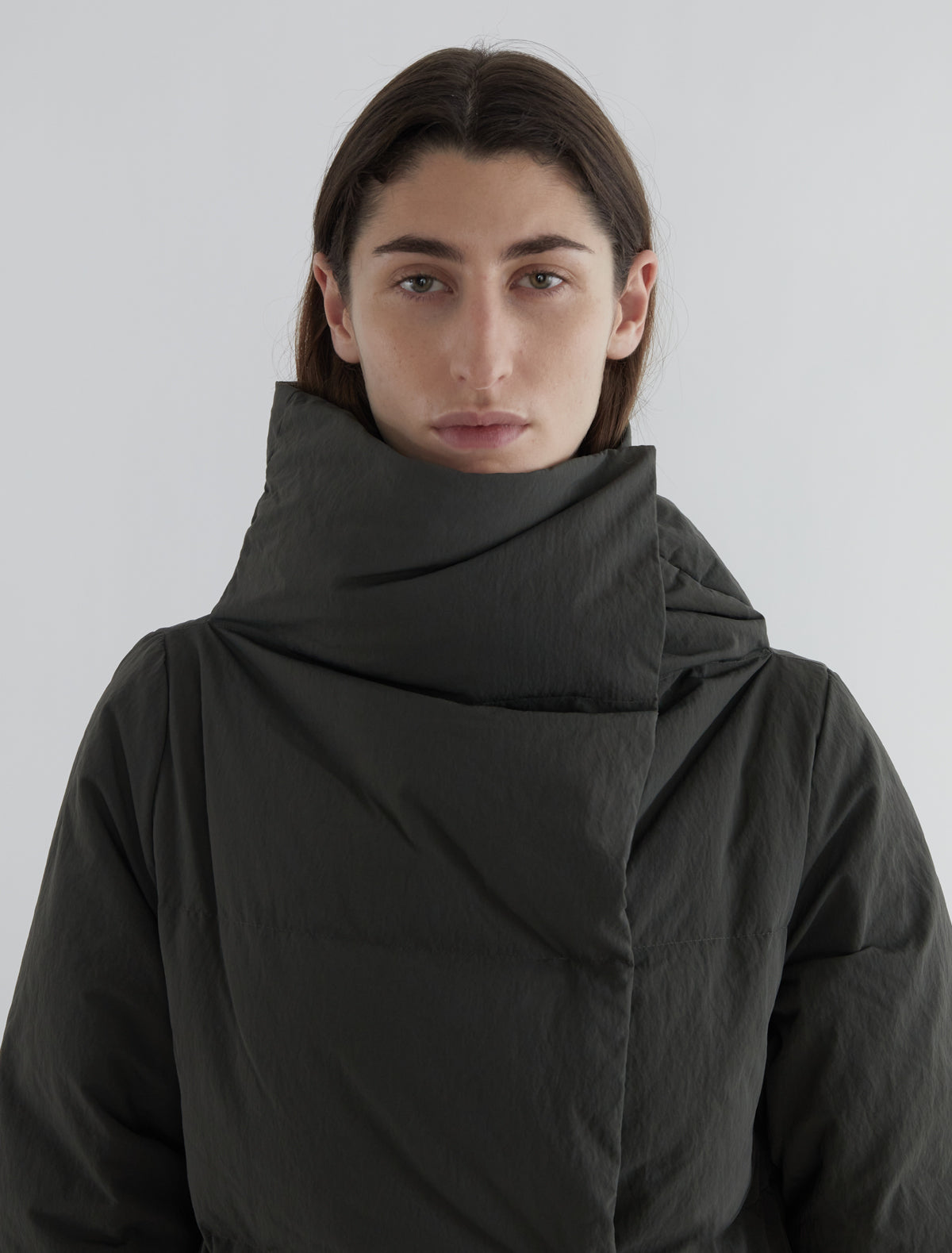 Long pruit puffer nylon oversized collar green