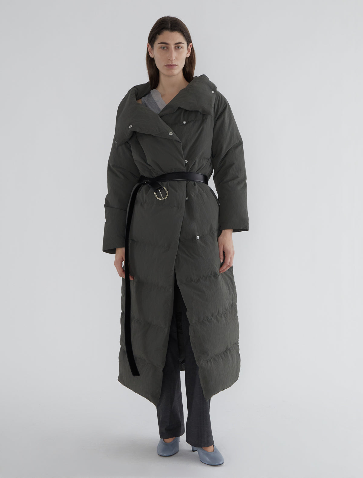 Long pruit puffer nylon oversized collar green