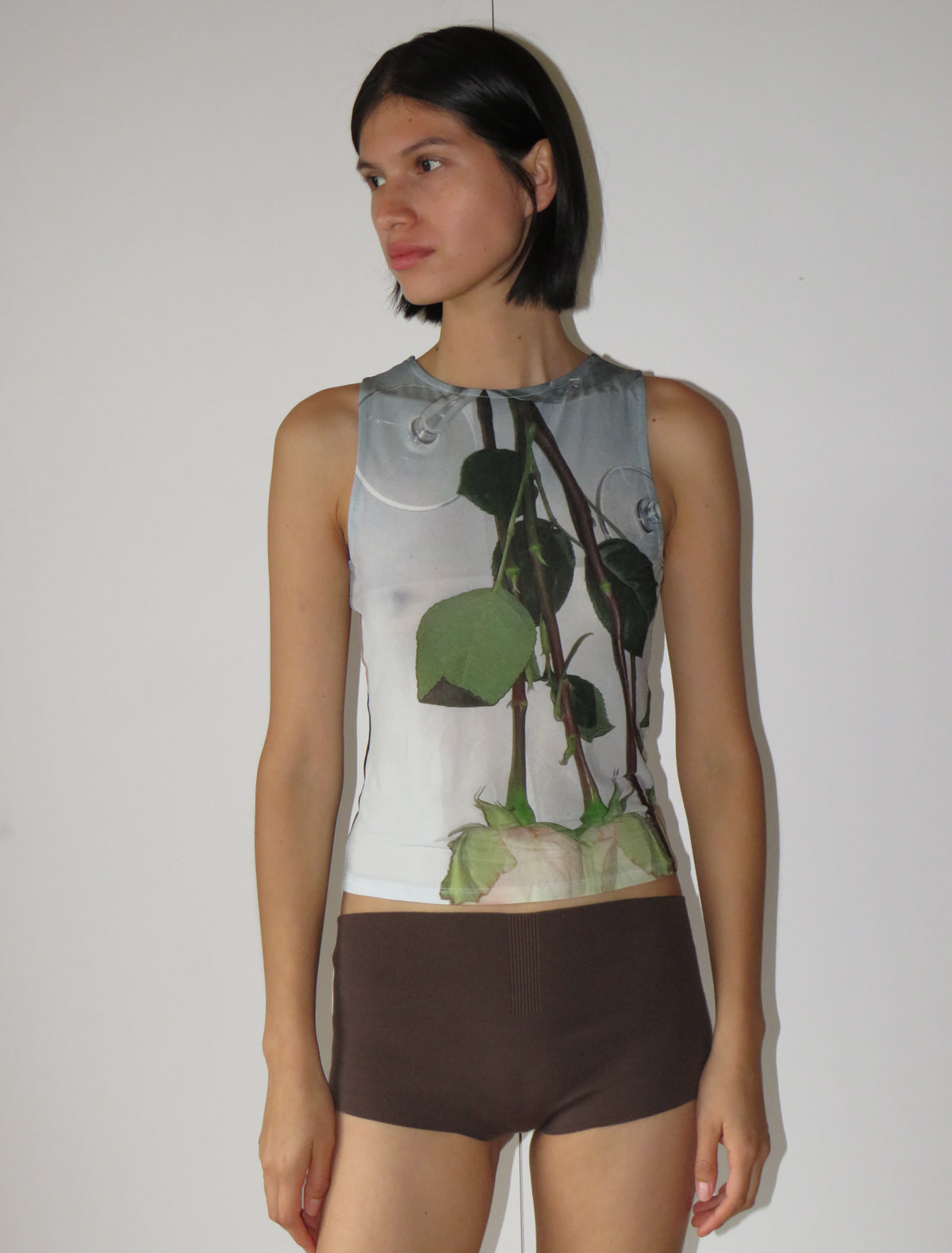 PONSA-Slightly sheer sleeveless top with 'Restaurant' print