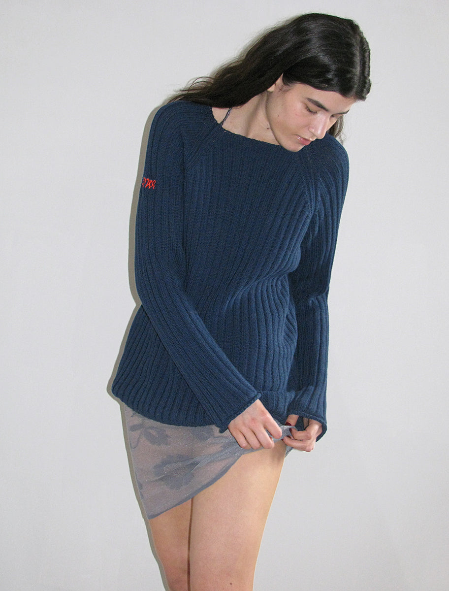 SHIITAKE- Navy thick ribbed sweater with irregular bottom detail