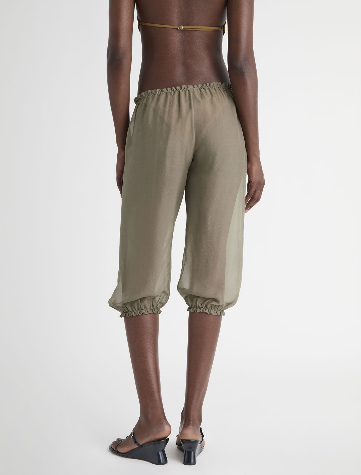 Short weza delicate sheer harem capri silk pants khaki