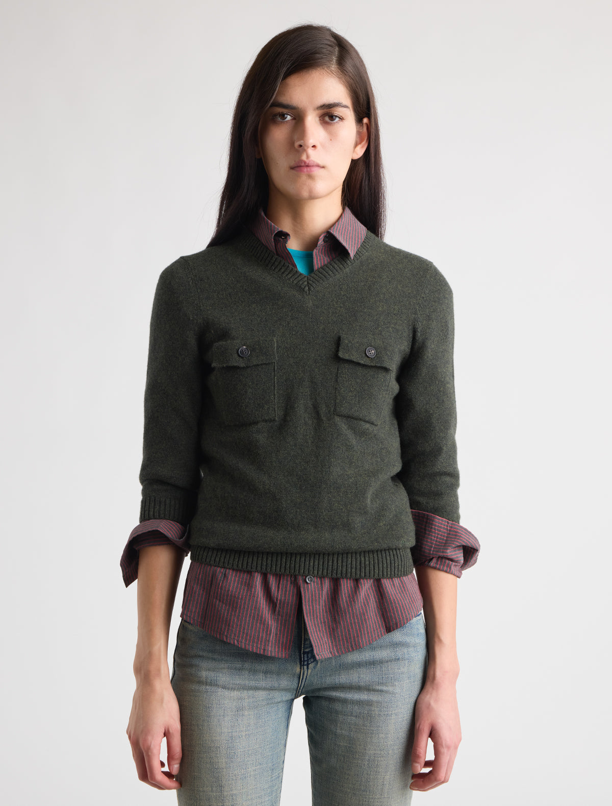 Siracha verde fitted elbow lenght sleeve knitted sweater v neckline khaki