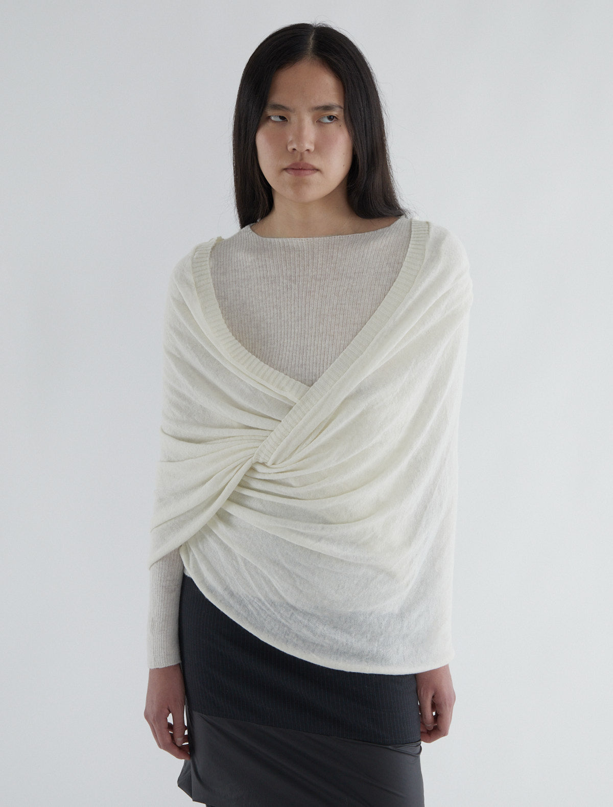 ELIO-White ribbed inner sweater topped with a delicate crossover
