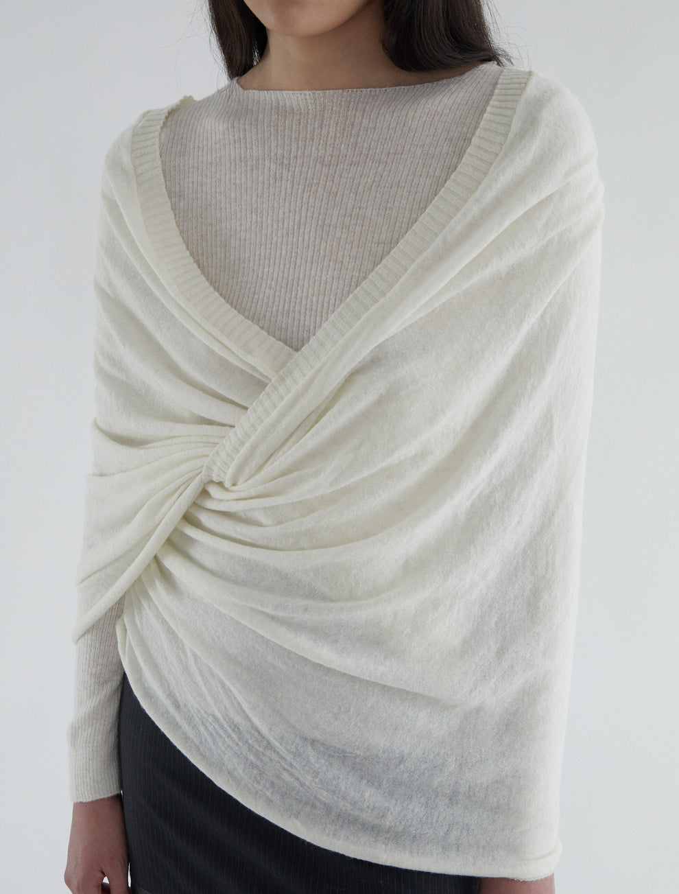 ELIO-White ribbed inner sweater topped with a delicate crossover piece ...