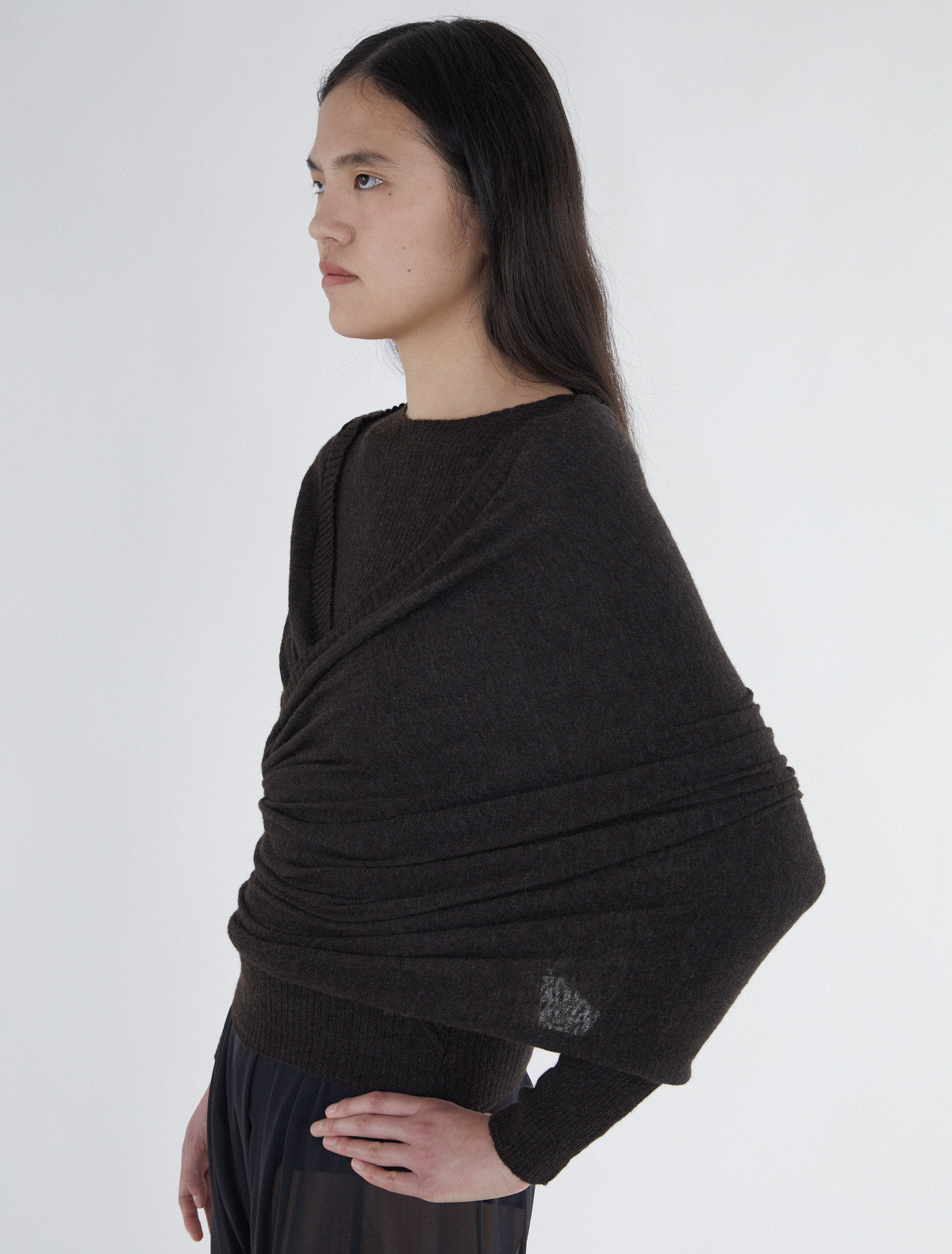 Elio ribbed sweater crossover piece darkbrown