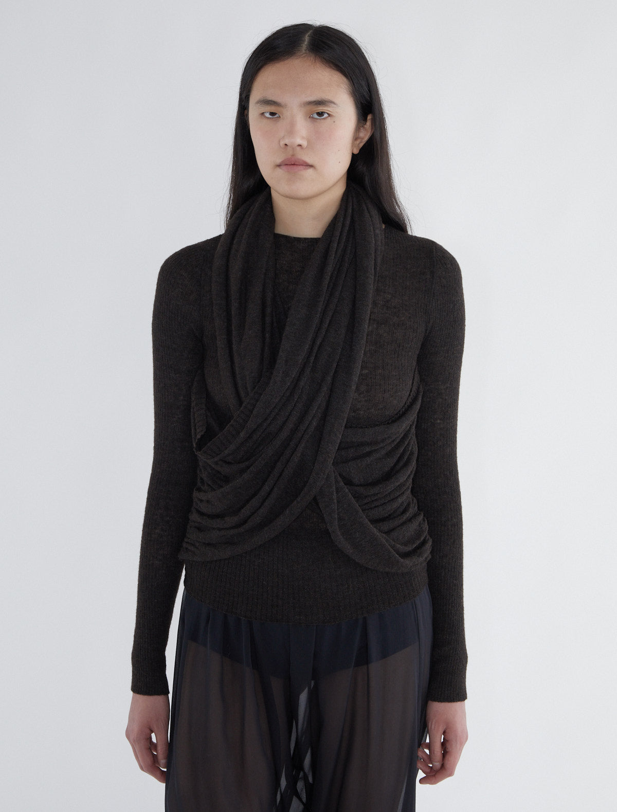 Elio ribbed sweater crossover piece darkbrown