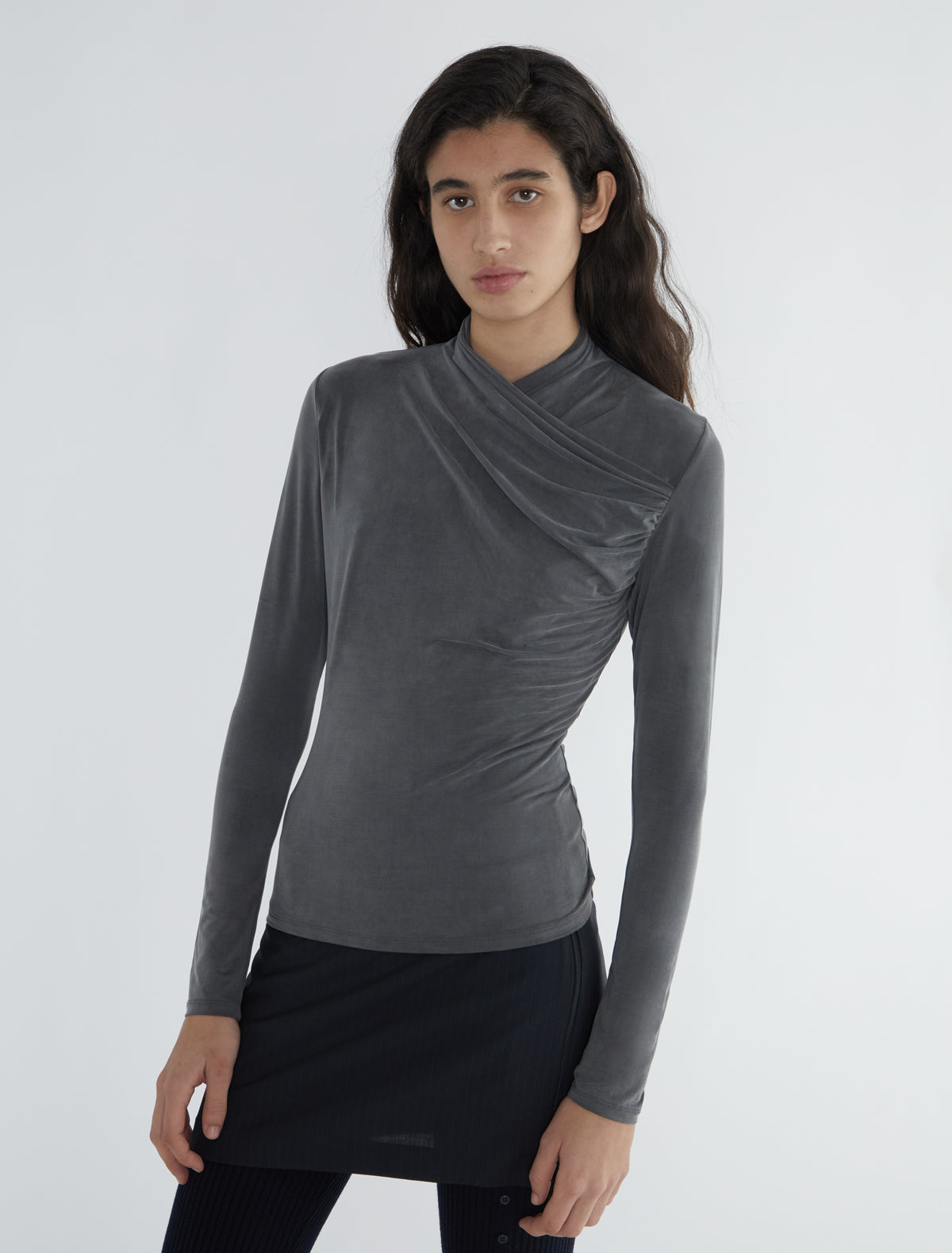 Long such long sleeved cupro top draped crossed neckline grey