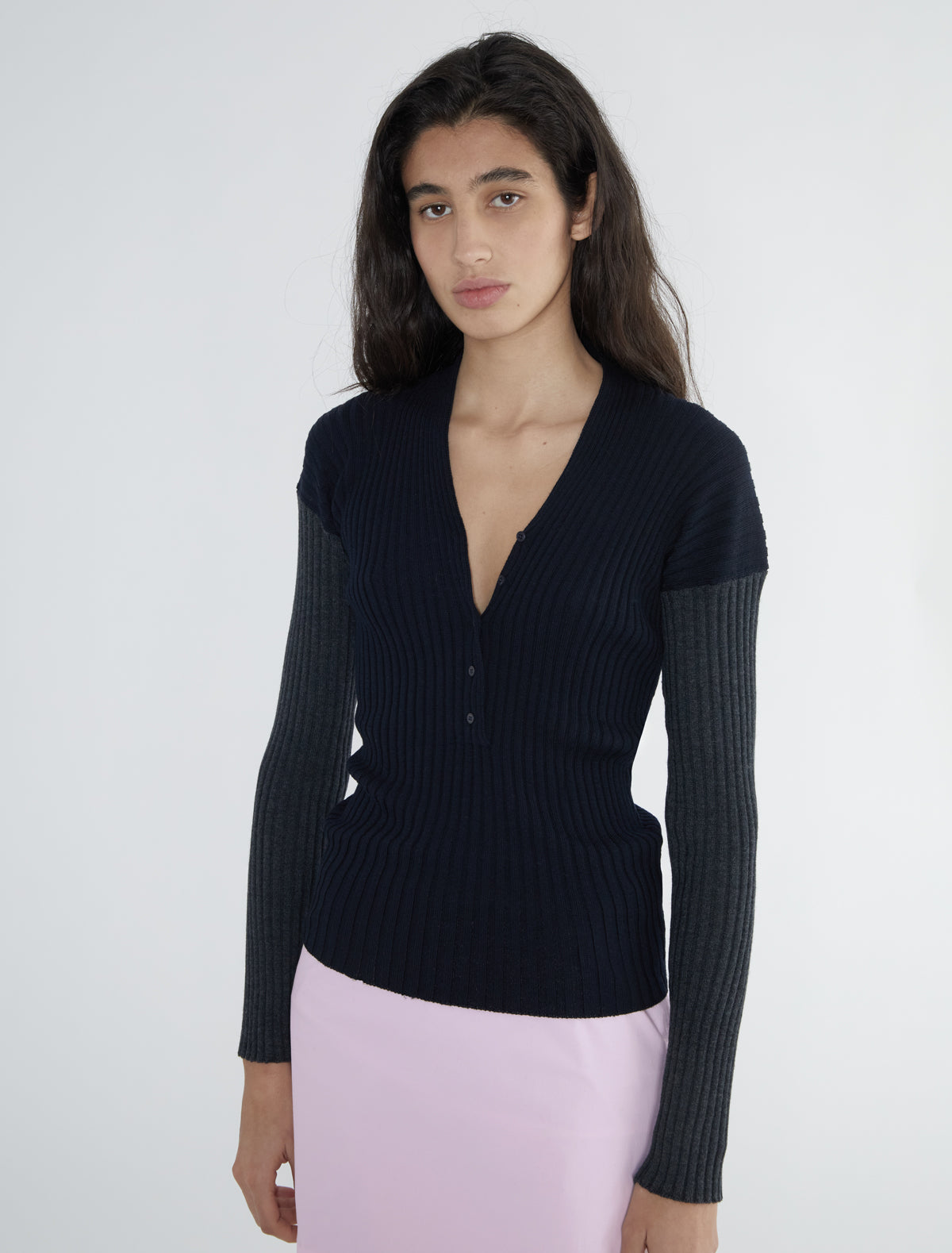 MARISA-Long-sleeve ribbed sweater with a front button opening