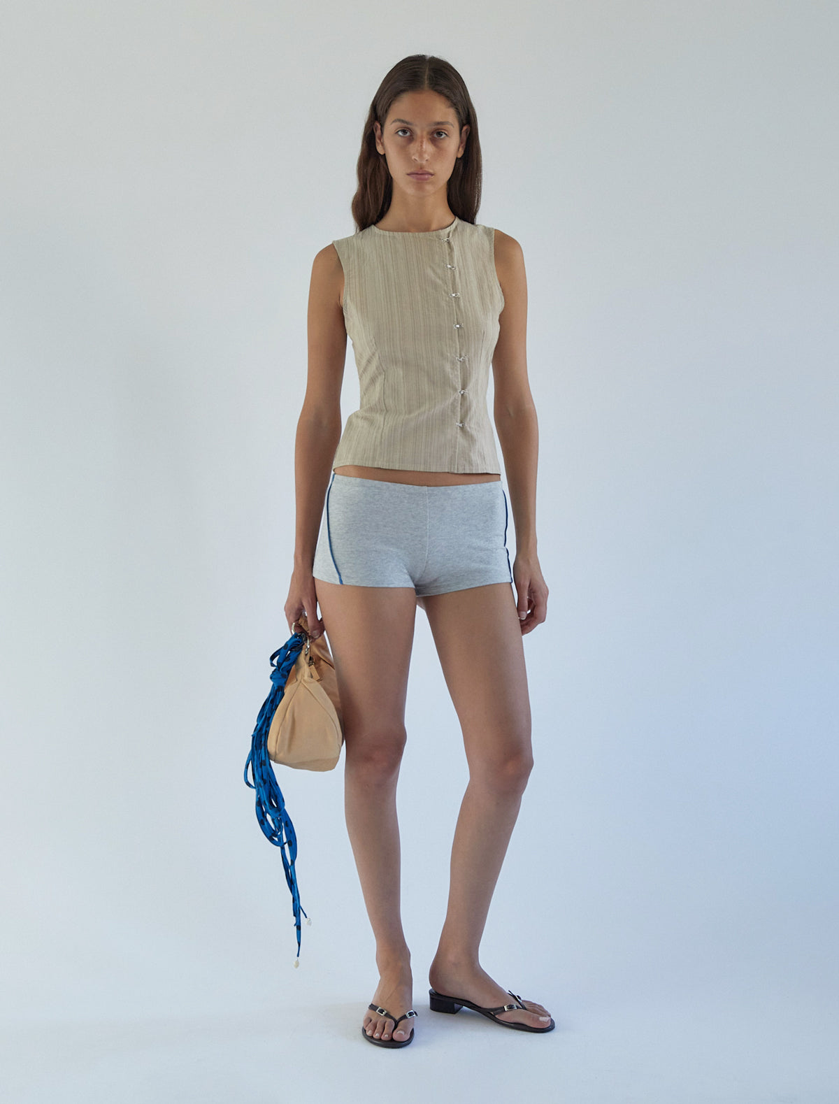 Mufi sleeveless striped top hook eye closure ecru