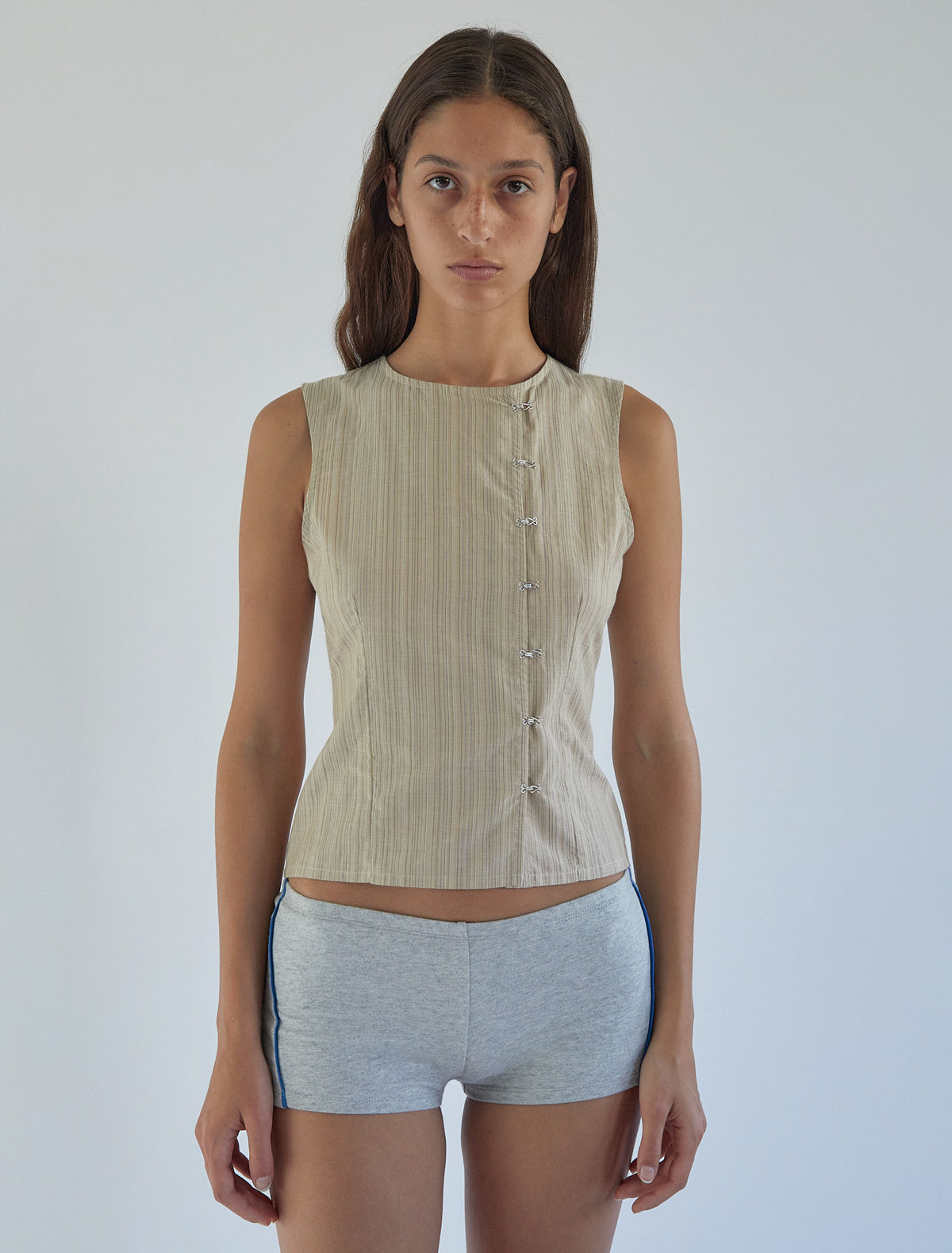 Mufi sleeveless striped top hook eye closure ecru