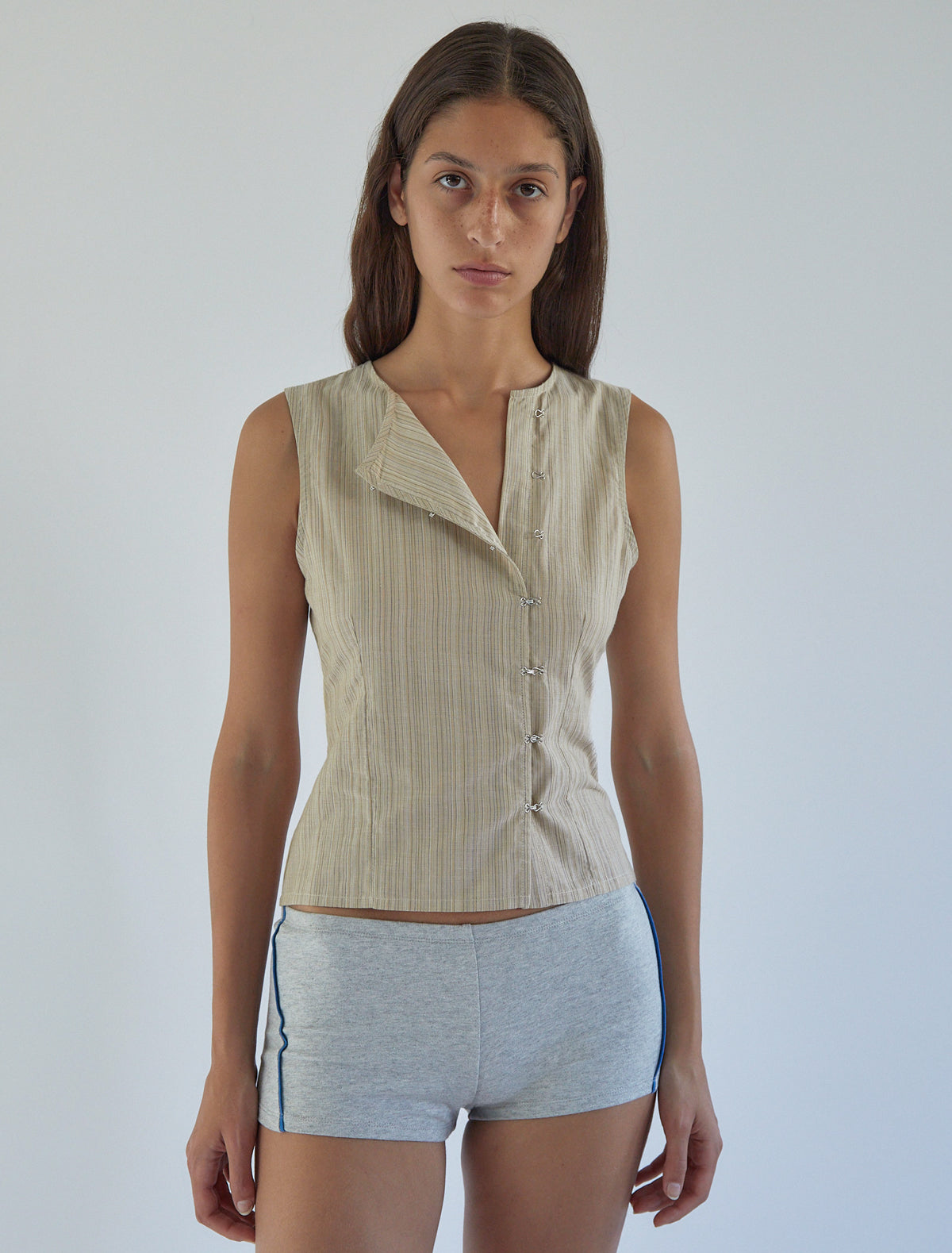 Mufi sleeveless striped top hook eye closure ecru