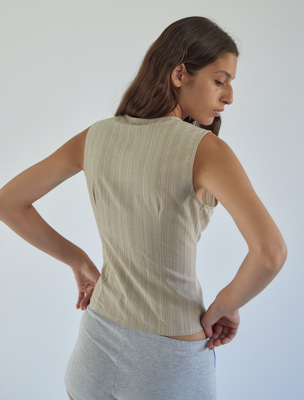 Mufi sleeveless striped top hook eye closure ecru