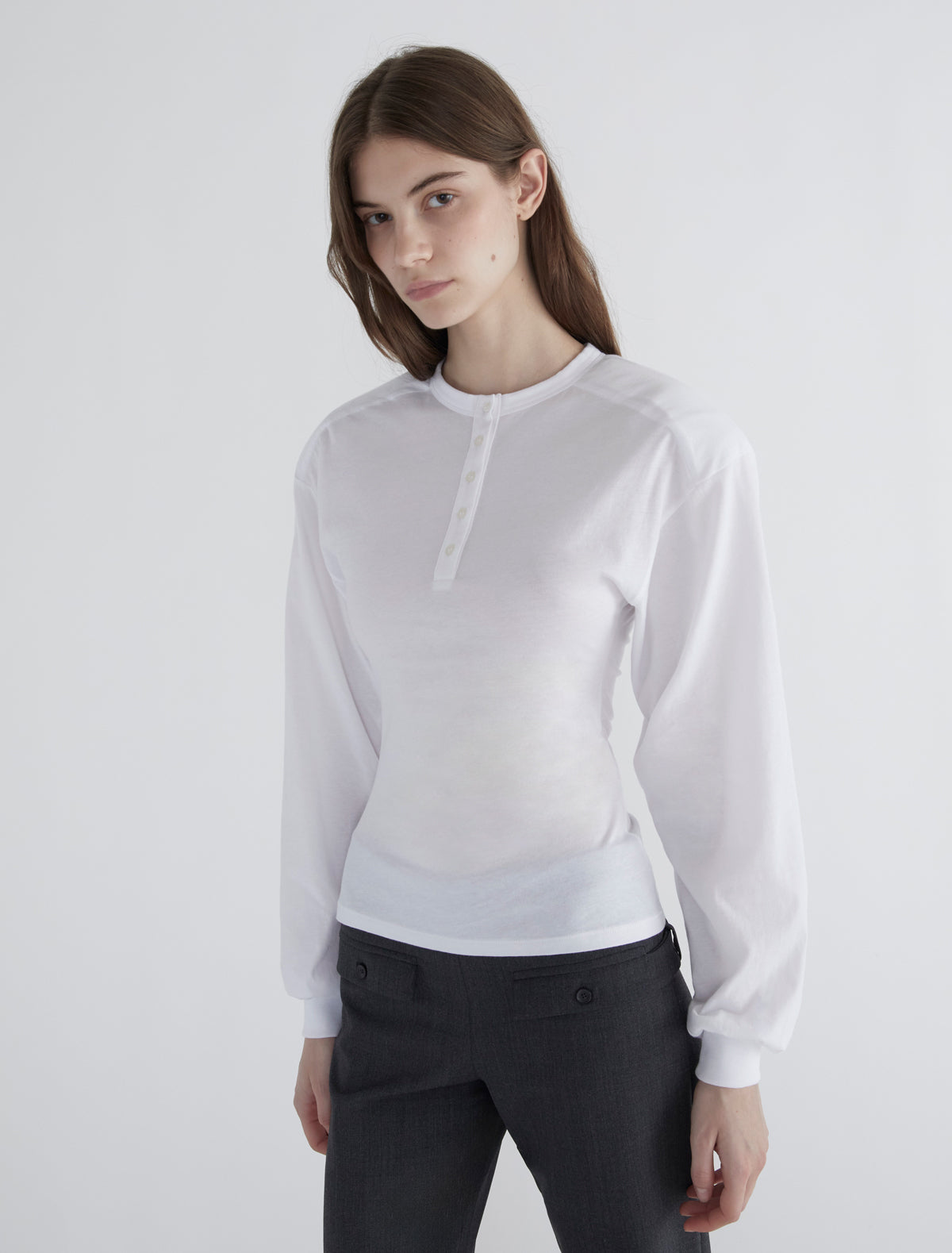 Ryno long sleeved top henley neckline shoulder pads white
