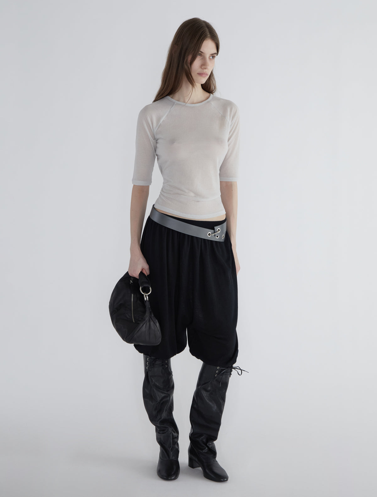 PIA-Grey elbow-length top crafted from lightweight, slightly sheer