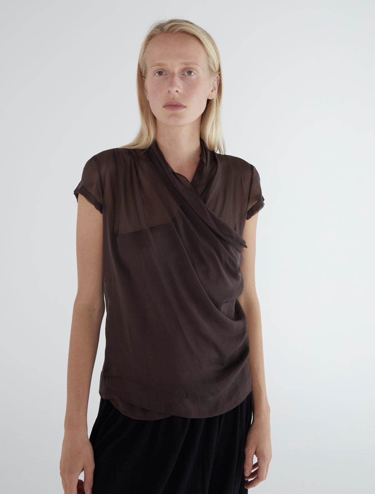 Trisa silk top crossover neckline pleats brown